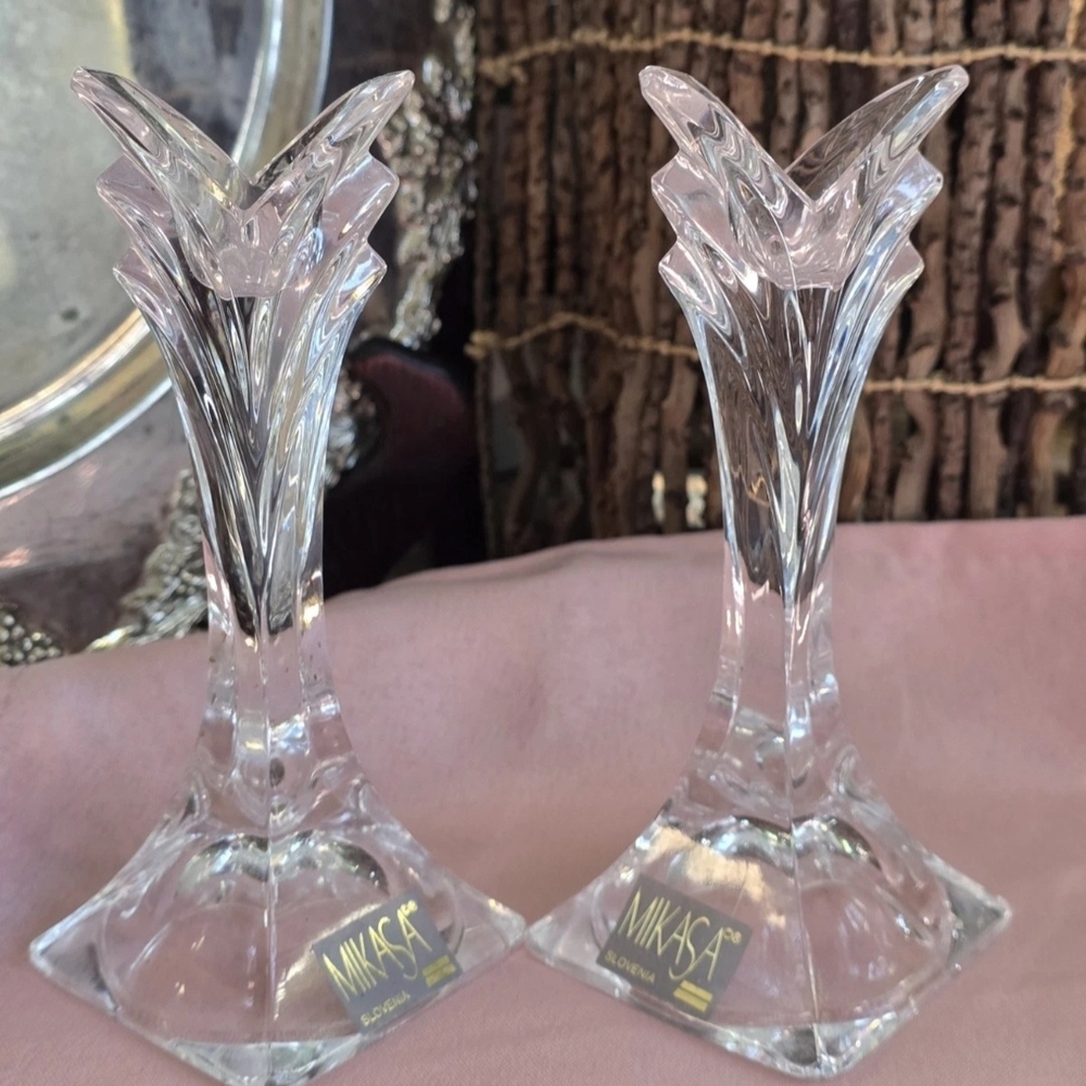Mikasa Clear Crystal Candlestick Pair - Elegant Art Deco Design